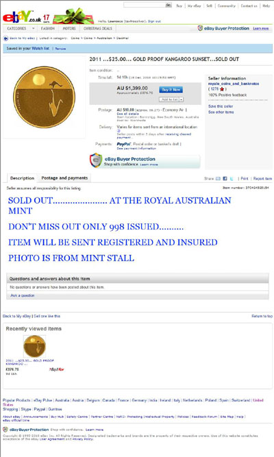royale_coins_and_banknotes's eBay Listing Using our 2008 Australian Kangaroo at Sunset $25 Gold Proof  Coin Photograph